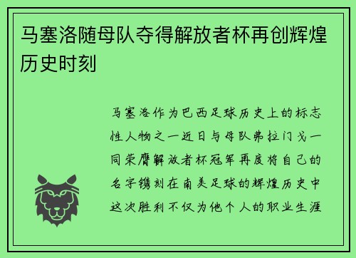 马塞洛随母队夺得解放者杯再创辉煌历史时刻 马塞洛随母队夺得解放者杯再创辉煌历史时刻