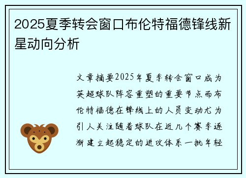 2025夏季转会窗口布伦特福德锋线新星动向分析 2025夏季转会窗口布伦特福德锋线新星动向分析