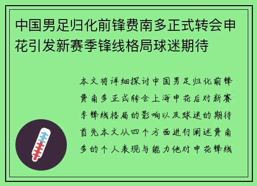 中国男足归化前锋费南多正式转会申花引发新赛季锋线格局球迷期待