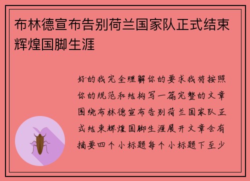 布林德宣布告别荷兰国家队正式结束辉煌国脚生涯 布林德宣布告别荷兰国家队正式结束辉煌国脚生涯