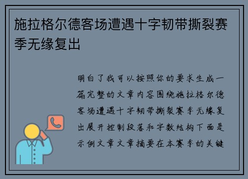 施拉格尔德客场遭遇十字韧带撕裂赛季无缘复出 施拉格尔德客场遭遇十字韧带撕裂赛季无缘复出