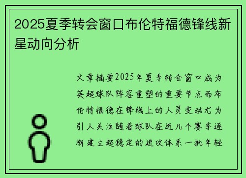 2025夏季转会窗口布伦特福德锋线新星动向分析